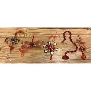 Lot of 5 Red Beaded Beads Gold Christmas Boho Glamour Ornaments Dragonfly